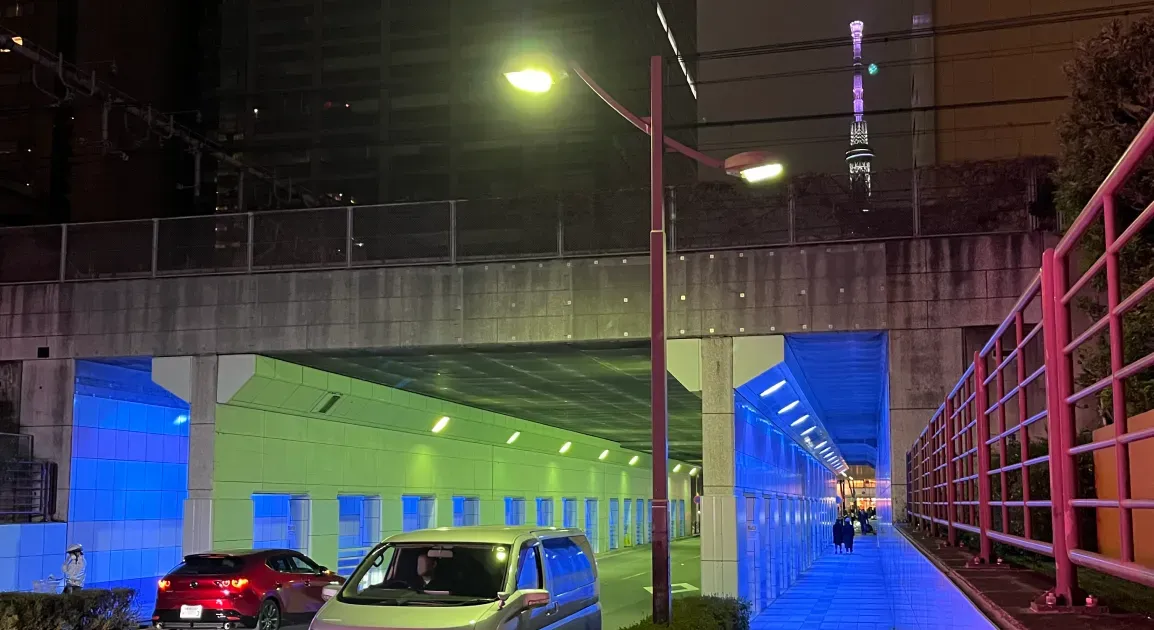 Blue lights beneath the Tokyo Skytree